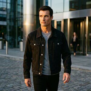 International Male Mens Black Denim Jacket XL 80s Vintage Rare Trucker Classic